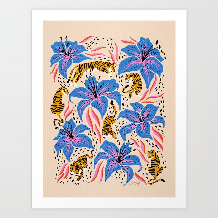 Tigers & Tiger Lilies – Blue & Yellow Art Print