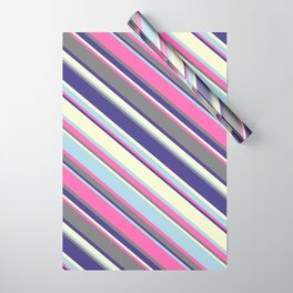 [ Thumbnail: Colorful Hot Pink, Gray, Dark Slate Blue, Light Yellow, and Light Blue Colored Stripes/Lines Pattern Wrapping Paper ]