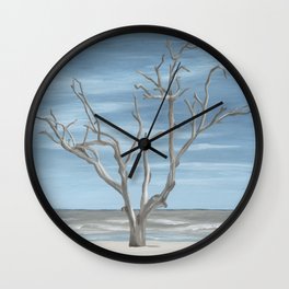 Hunting Island - Lone Driftwood Tree Shorebreak Beige Sand Baby Blue Skies Nature Painting Art Print Wall Decor  Wall Clock
