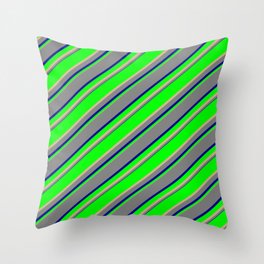 [ Thumbnail: Lime, Tan, Grey & Dark Blue Colored Lined/Striped Pattern Throw Pillow ]