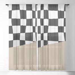 Checkered Stripe Block (tan/black/white) Sheer Curtain