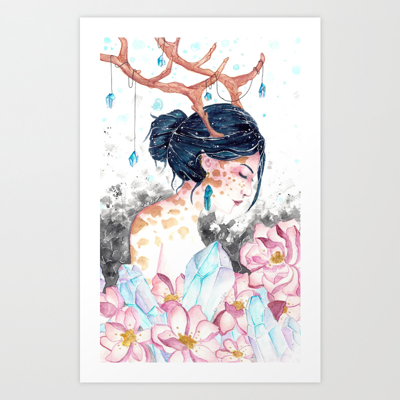 Watercolor Fantasy Painting Crystal Reindeer Girl Art Print By
