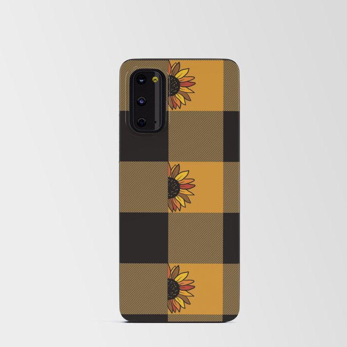 Orange Black Square Check Gingham Plaid Tartan Pattern with Sunflowers Android Card Case