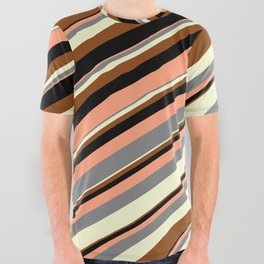 [ Thumbnail: Colorful Light Salmon, Grey, Light Yellow, Brown, and Black Colored Stripes Pattern All Over Graphic Tee ]