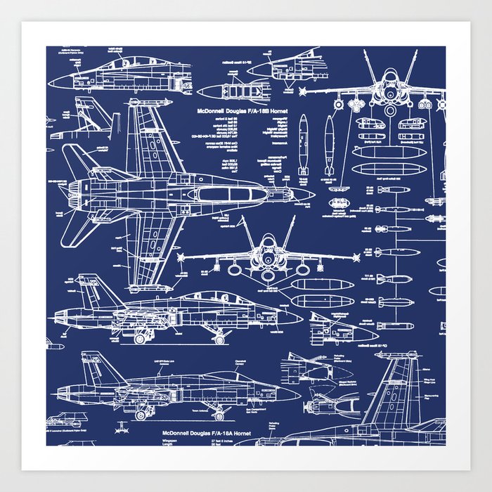 F 18 Blueprints Art Print By Thinlinetextiles Society6
