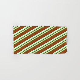 [ Thumbnail: Green, Brown & Mint Cream Colored Lines Pattern Hand & Bath Towel ]