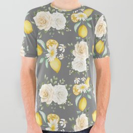 Lemons and White Flowers Pattern On Grey Background All Over Graphic Tee