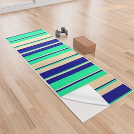 [ Thumbnail: Tan, Dark Blue & Green Colored Stripes/Lines Pattern Yoga Towel ]