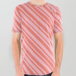 [ Thumbnail: Salmon and Pink Colored Lined Pattern All Over Graphic Tee ]