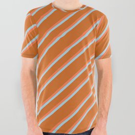 [ Thumbnail: Chocolate, Coral & Light Blue Colored Lines/Stripes Pattern All Over Graphic Tee ]