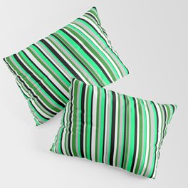 [ Thumbnail: Eye-catching Green, Grey, Forest Green, White, and Black Colored Stripes/Lines Pattern Pillow Sham ]