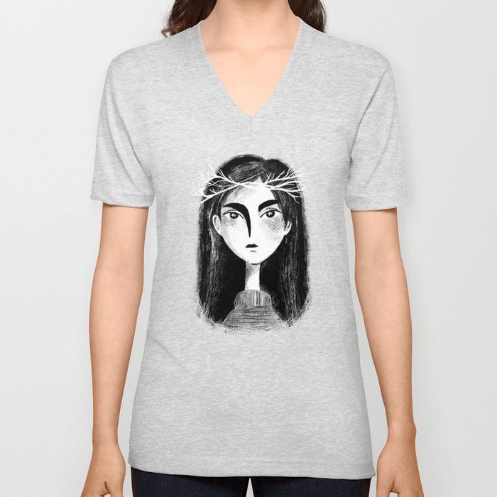 Black and white portrait of a girl with branches in her hair V Neck T Shirt
