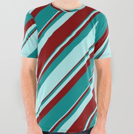 [ Thumbnail: Maroon, Dark Cyan & Turquoise Colored Pattern of Stripes All Over Graphic Tee ]