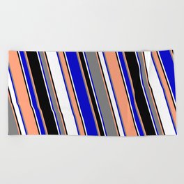 [ Thumbnail: Vibrant Light Salmon, Gray, Blue, White & Black Colored Lined/Striped Pattern Beach Towel ]