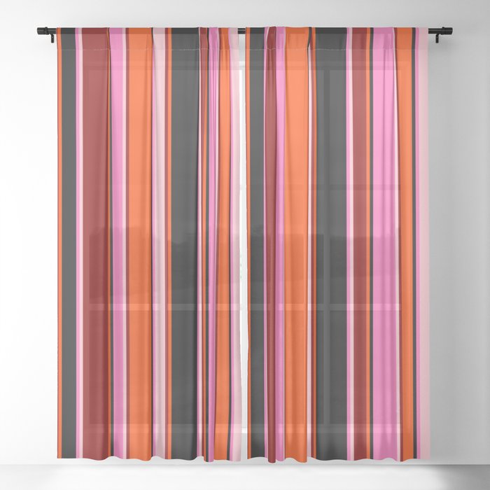 Eye-catching Hot Pink, Black, Red, Dark Red, and Pink Colored Stripes/Lines Pattern Sheer Curtain
