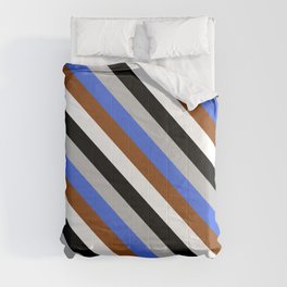 [ Thumbnail: Colorful Grey, Royal Blue, Brown, White, and Black Colored Lined/Striped Pattern Comforter ]