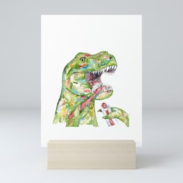 T-rex brushing teeth dinosaur painting watercolour Mini Art Print