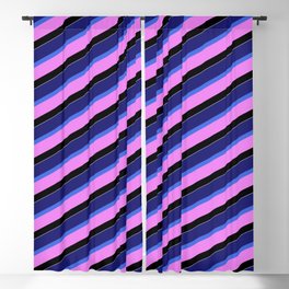 [ Thumbnail: Vibrant Midnight Blue, Royal Blue, Violet, Black, and White Colored Pattern of Stripes Blackout Curtain ]