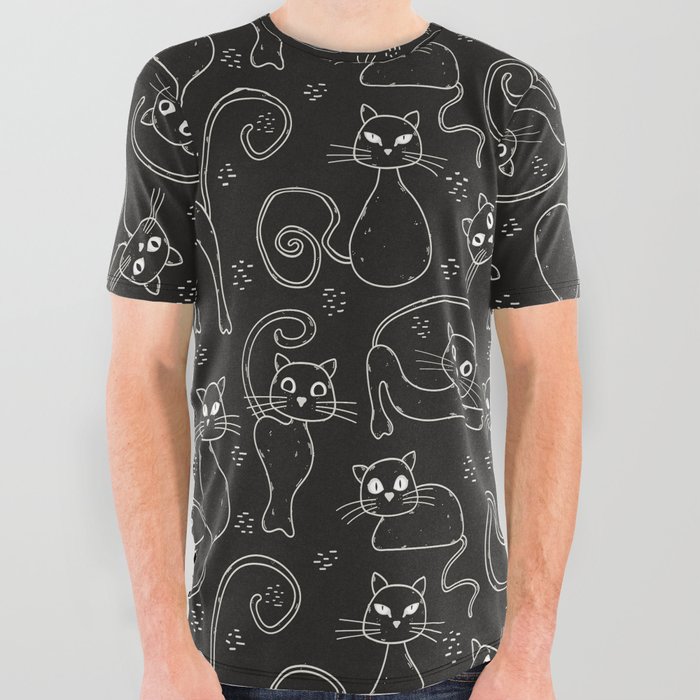 Fun black cat line art pattern All Over Graphic Tee