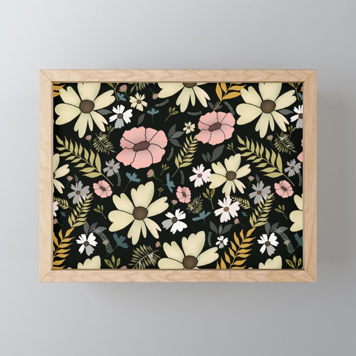 Black Vintage Floral  Framed Mini Art Print