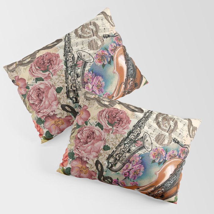 Vintage pink bohemian roses classical notes musical instruments Pillow Sham