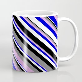 [ Thumbnail: Colorful Grey, Plum, Blue, White, and Black Colored Lined Pattern Coffee Mug ]