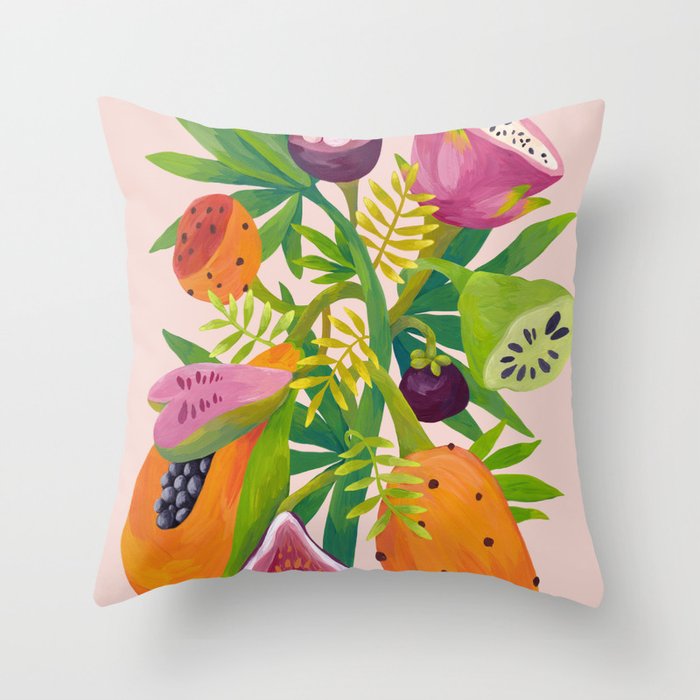 Exotic Fruits, Tropical Plants on Pink Background Throw Pillow