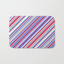 [ Thumbnail: Colorful Tan, Slate Blue, Light Cyan, Cornflower Blue & Crimson Colored Stripes Pattern Bath Mat ]