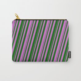 [ Thumbnail: Orchid & Dark Green Colored Lined/Striped Pattern Carry-All Pouch ]