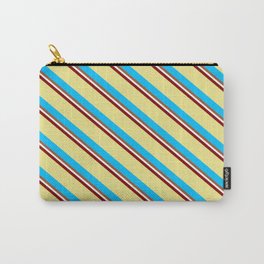 [ Thumbnail: Vibrant Maroon, Tan, Deep Sky Blue, Sienna & White Colored Striped/Lined Pattern Carry-All Pouch ]