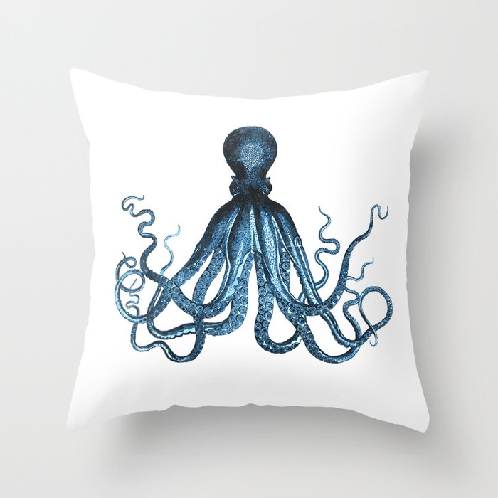 Octopus coastal ocean blue watercolor Throw Pillow