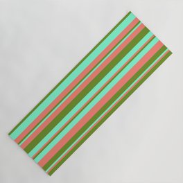 [ Thumbnail: Salmon, Green & Aquamarine Colored Stripes/Lines Pattern Yoga Mat ]