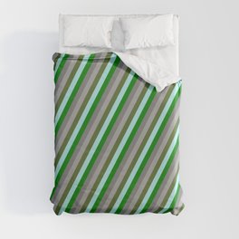 [ Thumbnail: Eye-catching Turquoise, Green, Grey, Dark Grey, and Dark Olive Green Colored Striped Pattern Duvet Cover ]