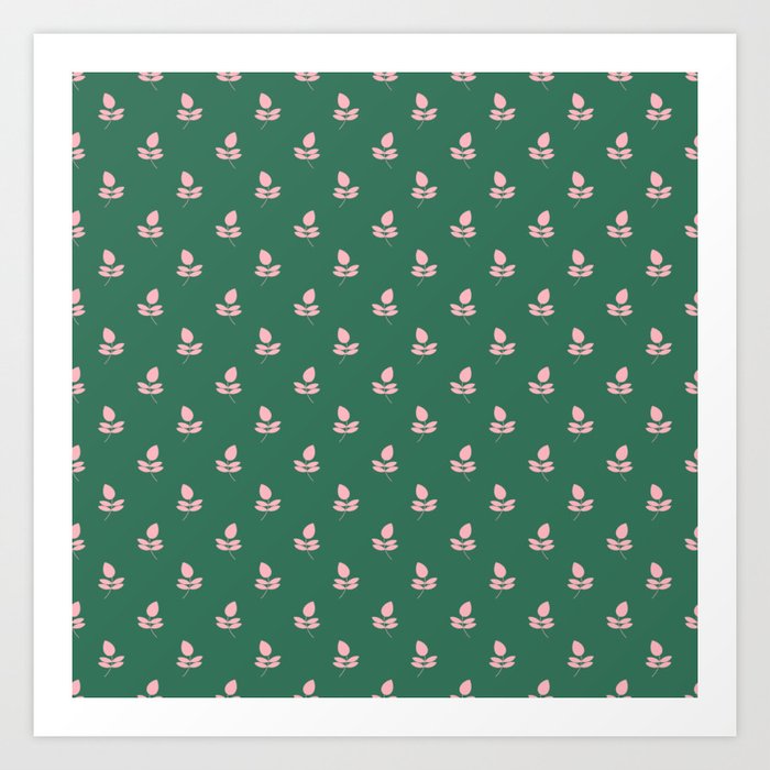 Retro Pink Leaf Pattern - Green Background Art Print