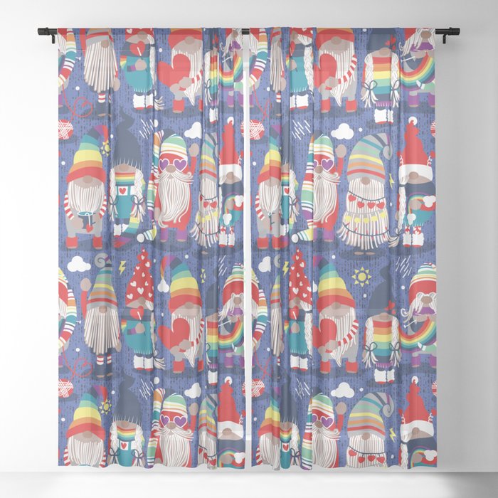 I gnome you // electric blue background little happy and lovely gnomes with rainbows vivid red hearts Sheer Curtain