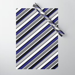 [ Thumbnail: Grey, Dim Grey, White, Black & Midnight Blue Colored Lined Pattern Wrapping Paper ]