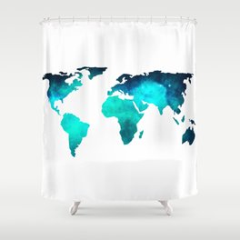 World Map Space Galaxy Stars in Turquoise Shower Curtain