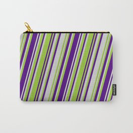 [ Thumbnail: Light Gray, Green & Indigo Colored Pattern of Stripes Carry-All Pouch ]