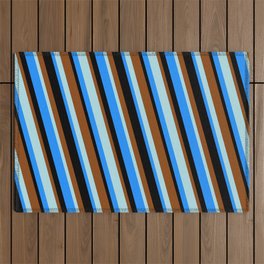 [ Thumbnail: Powder Blue, Blue, Black, and Brown Colored Striped Pattern Outdoor Rug ]