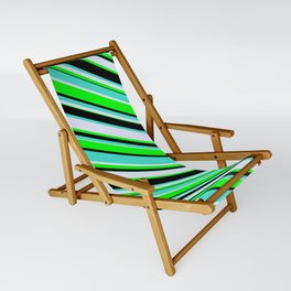 [ Thumbnail: Turquoise, Lavender, Lime & Black Colored Lines Pattern Sling Chair ]