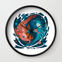 Japanese fishes in a in and jan circle - flat abstract illustration in limited ocean water blue and japan color palete Wall Clock