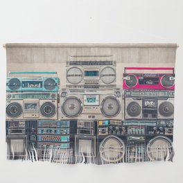 Retro old school design ghetto blaster stereo radio cassette tape recorders boombox tower from circa 1980s front concrete wall background. Vintage style filtered photo Wall Hanging