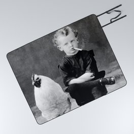 Smoking Boy with Chicken black and white photograph - photography - photographs Picnic Blanket