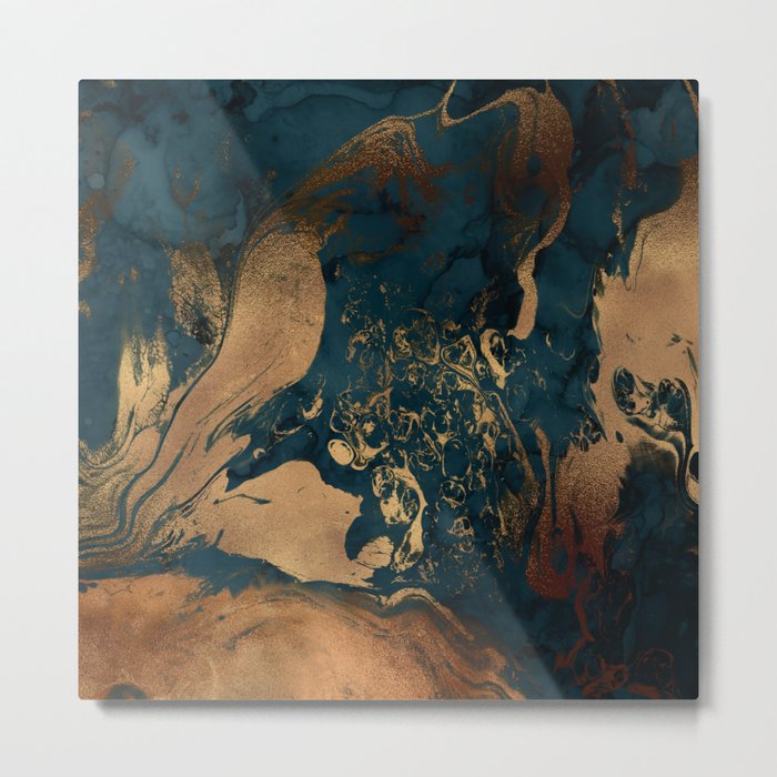 Emerald Indigo And Copper Glamour Marble Metal Print