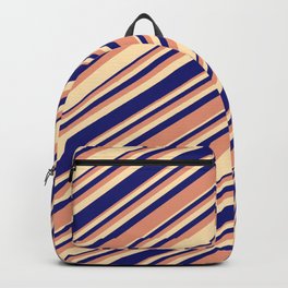 [ Thumbnail: Dark Salmon, Beige, and Midnight Blue Colored Pattern of Stripes Backpack ]