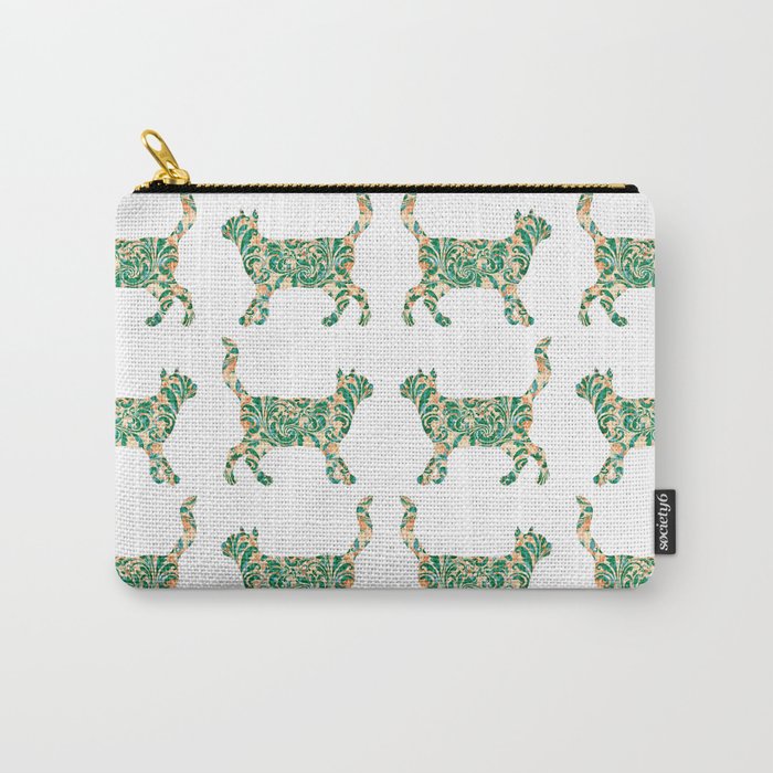 Cat Walking Silhouette - Green Vintage Damask Pattern Carry-All Pouch