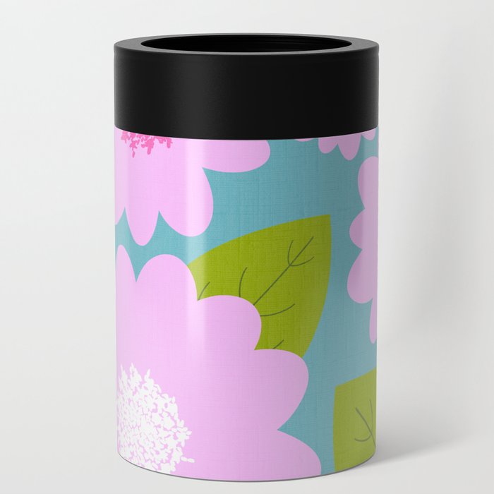 Cheerful Retro Modern Pink Flowers On Bright Turquoise Can Cooler