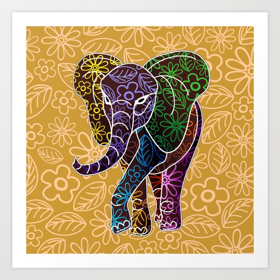 Elephant Floral Batik Art Design Art Print