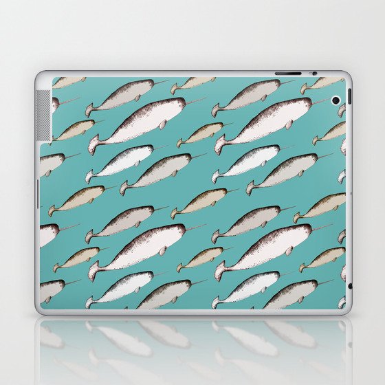 Narwhals - Narwhal Whale Pattern Watercolor Illustration Teal Blue Laptop & iPad Skin