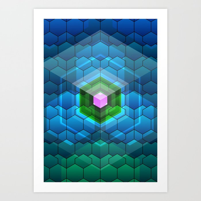 Contemporary Abstract Honeycomb Blue And Green Graphic Grid With